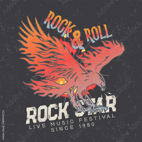 Rock and roll tour t shirt print design. Rockstar vector artwork. Eagle wing graphic illustration.Music poster. Heart rock and roll vector design for t-shirt. Love rock tour artwork.