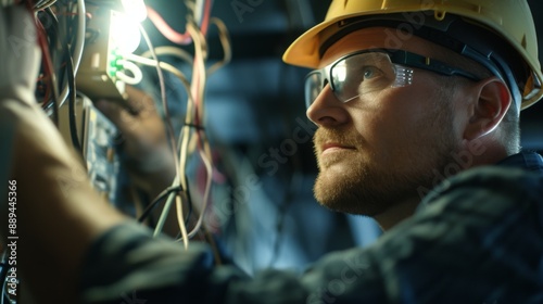 An electrician using a multimeter to test voltage on an electrical panel