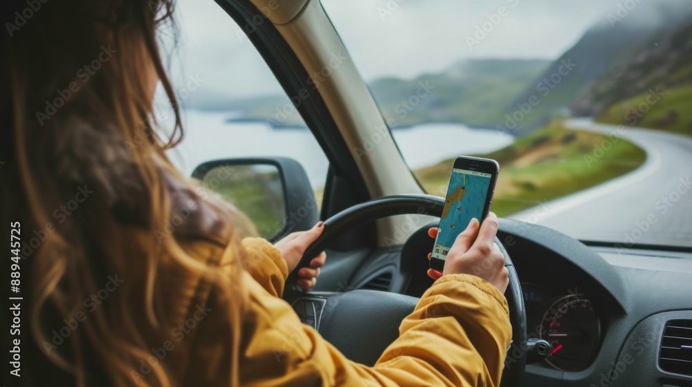 Fototapeta premium A person using their phone to navigate while on a road trip
