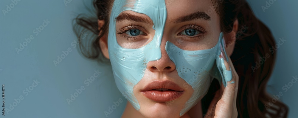 Woman with blue facial mask, close-up. Skincare and beauty treatment. Natural look, flawless skin. Wellness and spa concept. Woman with blue facial mask, close-up. Skincare and beauty treatment. Natural look, flawless skin. Wellness and spa concept.