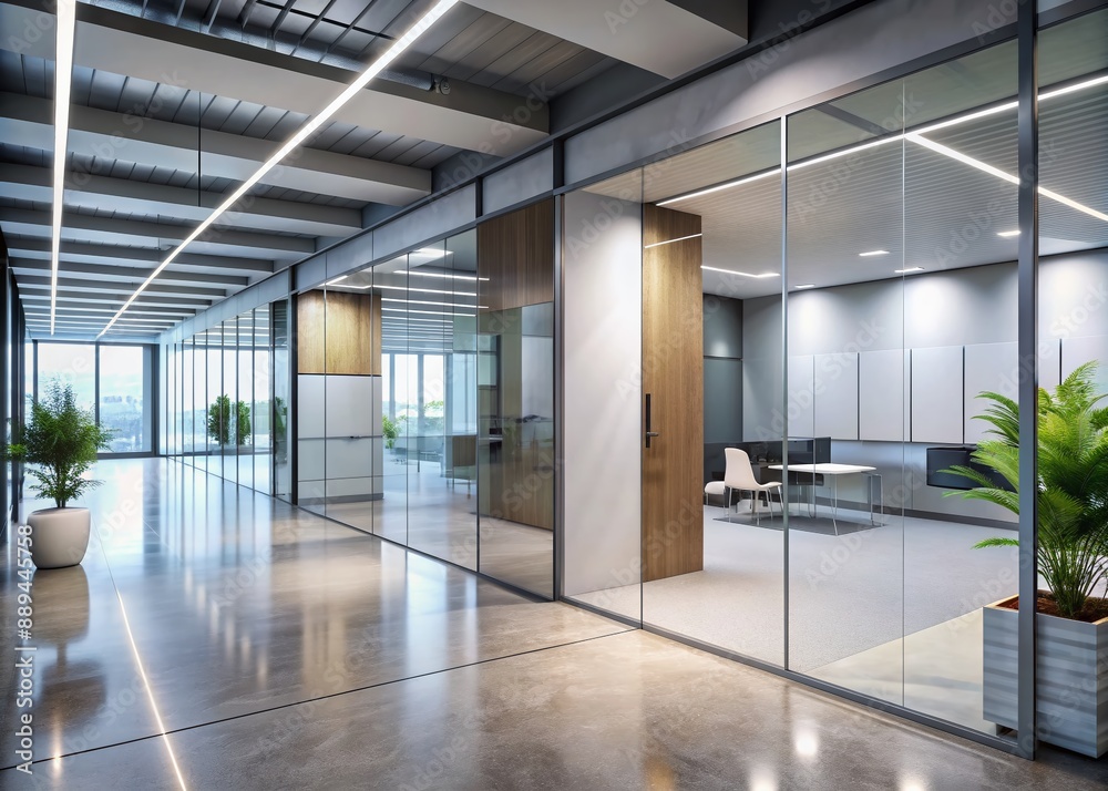 custom made wallpaper toronto digitalModern corporate office corridor showcases sleek glass doors, minimalist white billboard, and contemporary furniture on polished concrete floors, exuding cutting-edge architectural design.