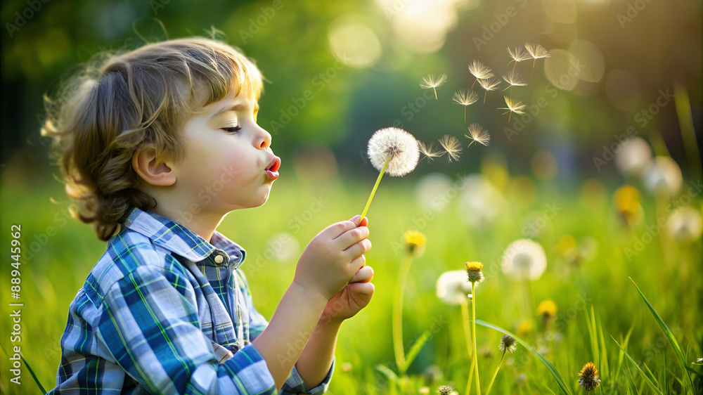 Little boy blowing dandelion seeds in a field of dandelions on a sunny day. The sun shines brightly overhead. Little boy blowing dandelion seeds in a field of dandelions on a sunny day. The sun shines brightly overhead.