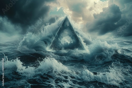 Dramatic seascape featuring crashing waves and geometric triangle shape under moody sky with storm clouds, waves triangle shape symbolizing enigmatic aura of Bermuda Triangle photo