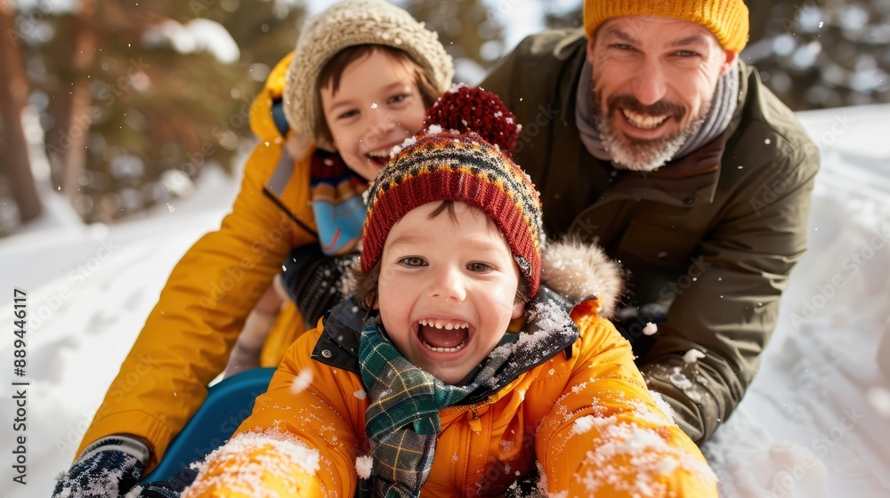 A joyful father and his two children enjoy a snowy winter day, riding a sled down a hill, bundled in warm colorful winter outfits, and smiling brightly. A joyful father and his two children enjoy a snowy winter day, riding a sled down a hill, bundled in warm colorful winter outfits, and smiling brightly.