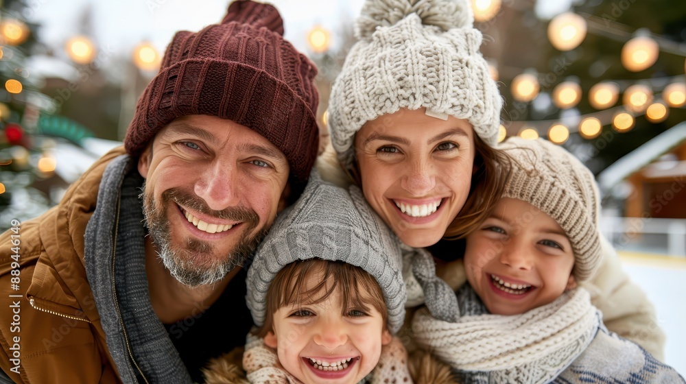 A happy family bundled up in warm winter clothing poses for a photo in a picturesque snowy landscape, adorned with warm festive lights, all smiling joyfully.