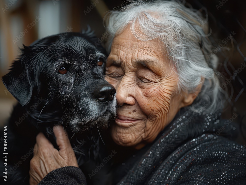 Obraz premium Senior Volunteer Providing Loving Care to Dog at Animal Shelter