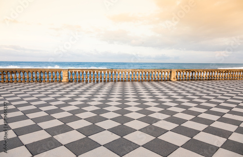 Livorno, Italy. Famous Mascagni Terrace - Terrazza Mascagni - with chess geometry pattern pavement