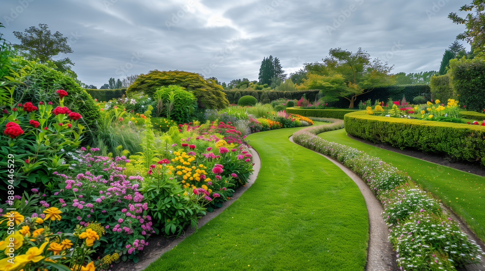 Lush, colorful garden with carefully manicured flowerbeds arranged in geometric patterns, vibrant with a variety of blooming flowers, bordered by neat pathways and green hedges, under an overcast sky Lush, colorful garden with carefully manicured flowerbeds arranged in geometric patterns, vibrant with a variety of blooming flowers, bordered by neat pathways and green hedges, under an overcast sky