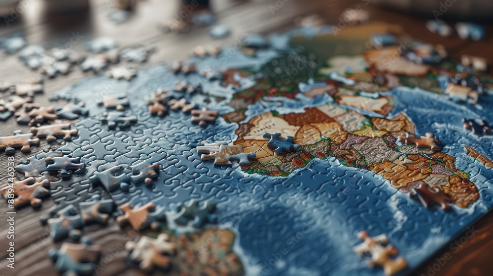 A jigsaw puzzle of the world is on a table with pieces scattered around it A jigsaw puzzle of the world is on a table with pieces scattered around it