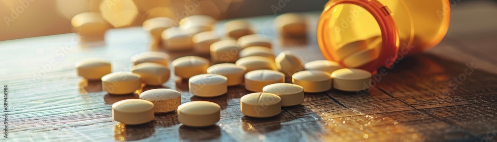 A bottle of pills and a container of pills on a wooden table A bottle of pills and a container of pills on a wooden table
