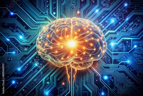 Futuristic illustration of a glowing brain merged with a motherboard, surrounded by circuits and wires, symbolizing the fusion of human intelligence and technology. photo