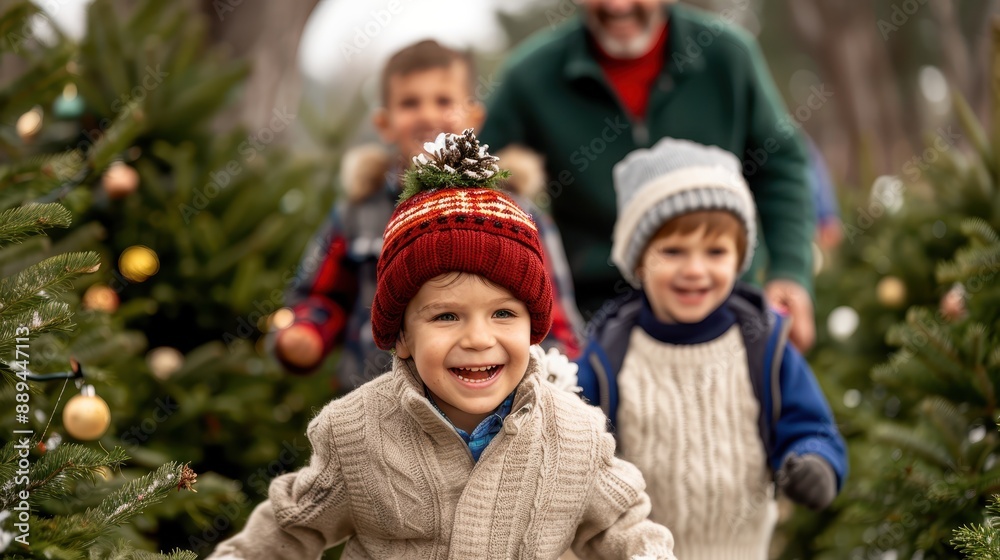 A heartwarming scene of two young children and an adult happily smiling, captured in a Christmas tree farm with festive decorations and lush green trees all around. A heartwarming scene of two young children and an adult happily smiling, captured in a Christmas tree farm with festive decorations and lush green trees all around.