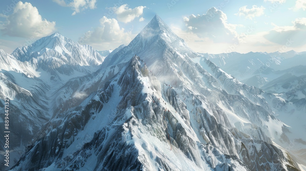 Obraz premium Majestic Aerial View of Snow Capped Mountain Peak with Climbers and Dramatic Shadows.