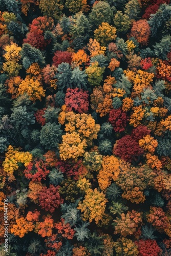 Aerial View of Vibrant Autumn Forest, High Altitude Shot Capturing Colorful Foliage in Fall Season.