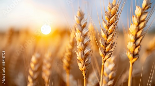 The sun sets over a field of ripe wheat, casting golden tones across the landscape, showcasing the tranquil beauty and agricultural richness of a summer evening in the countryside.