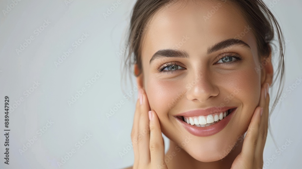 Close-up portrait of a happy woman with clear skin and bright smile, touching her face with both hands, against a plain background. Close-up portrait of a happy woman with clear skin and bright smile, touching her face with both hands, against a plain background.