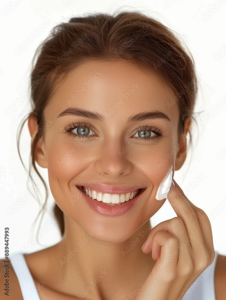 Naklejka premium Smiling woman applying face cream, promoting skincare routine, glowing complexion, youthful look, healthy skin, beauty care.
