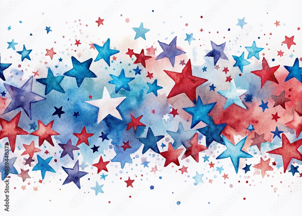Vibrant watercolor banner with scattered stars in shades of blue and red, evoking a sense of freedom and national pride on a white background. Vibrant watercolor banner with scattered stars in shades of blue and red, evoking a sense of freedom and national pride on a white background.