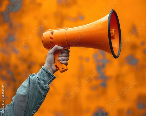 Megaphone in hand, bright orange backdrop, sales and marketing, closeup view, dynamic and bold, Generative AI creation photo