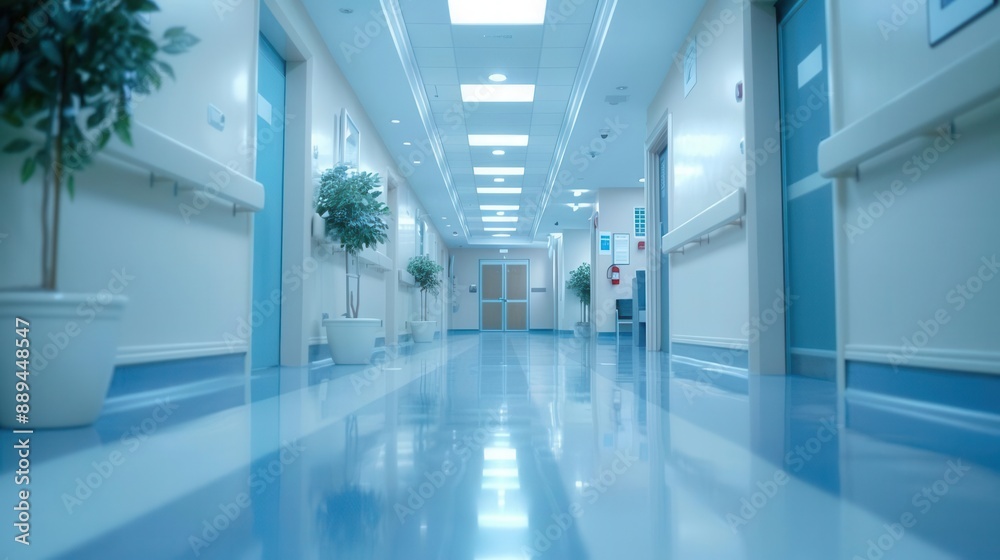 Hospital corridor, unfocused view, reception area in background, bright and clean, wideangle, calm and professional medical setting Hospital corridor, unfocused view, reception area in background, bright and clean, wideangle, calm and professional medical setting