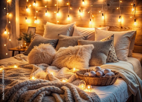 Cozy bedroom scene with fluffy pillows, soft blankets, and warm lighting, evoking feelings of comfort, love, and togetherness, perfect for family or relationship themes. photo