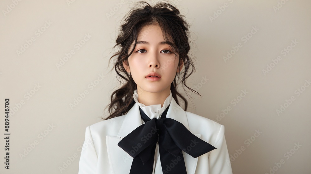 Elegant Asian Woman in Stylish Jacket with Black Ribbon Bow Elegant Asian Woman in Stylish Jacket with Black Ribbon Bow