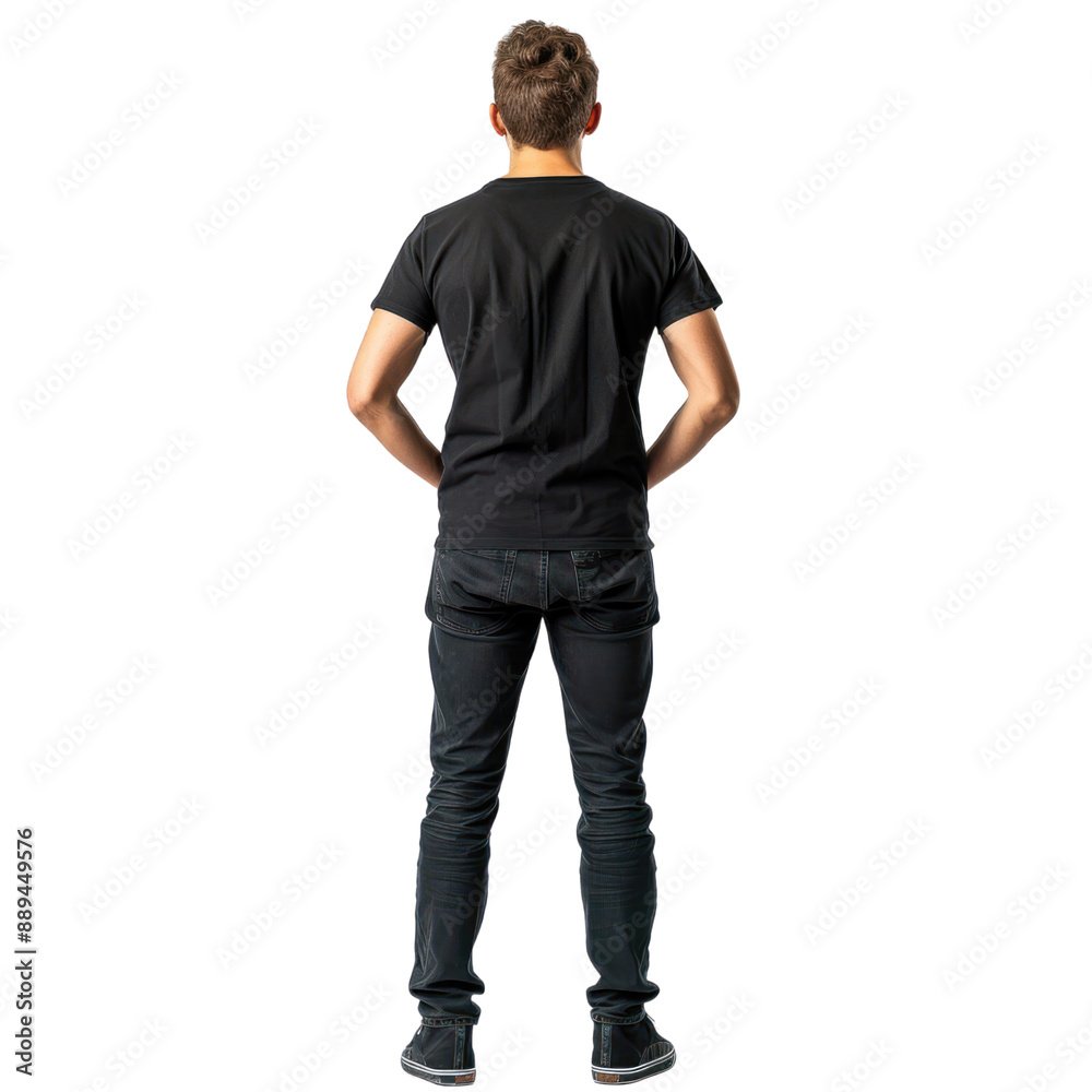 young man black t-shirt model standing back view full body young man black t-shirt model standing back view full body
