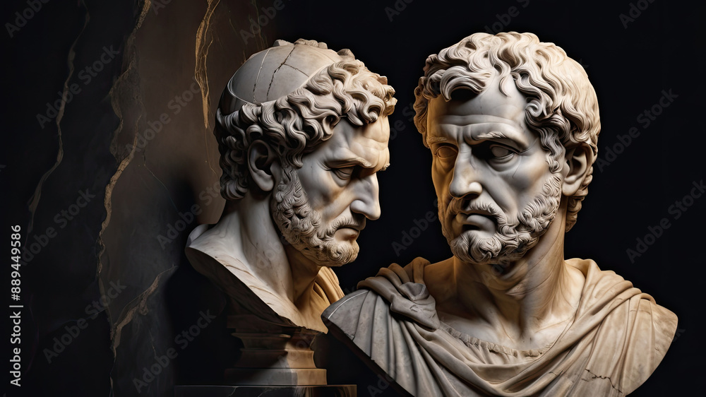 Marble bust of a bearded man with intricate details and dramatic lighting, evoking a sense of classical antiquity and timeless artistry. Perfect for history and art themes. Marble bust of a bearded man with intricate details and dramatic lighting, evoking a sense of classical antiquity and timeless artistry. Perfect for history and art themes.