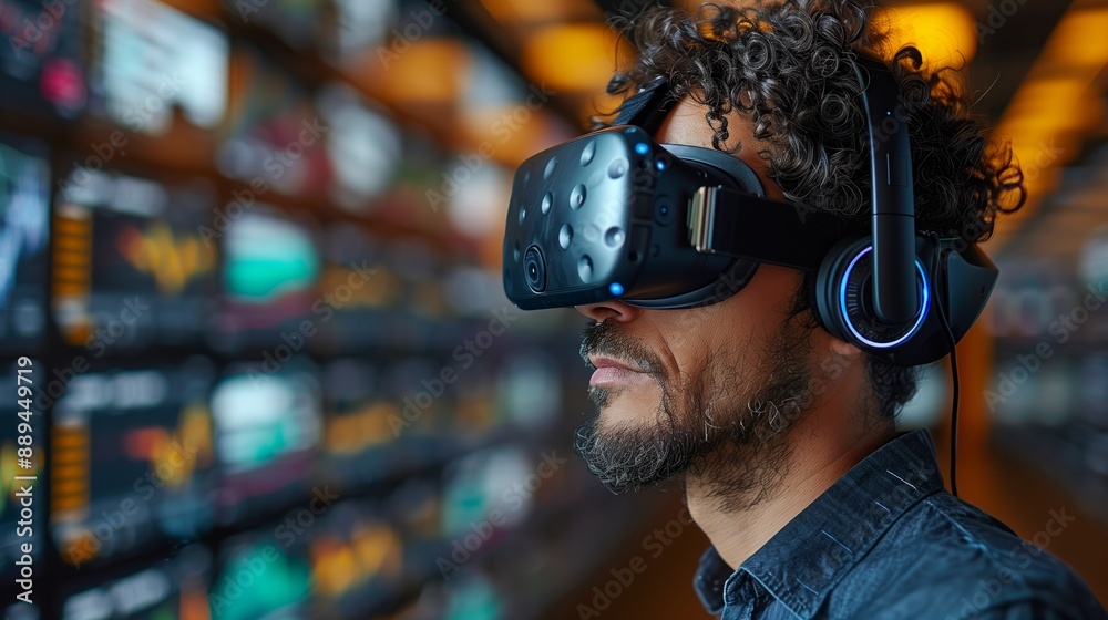 Man Wearing VR Headset in Front of Shelves Man Wearing VR Headset in Front of Shelves