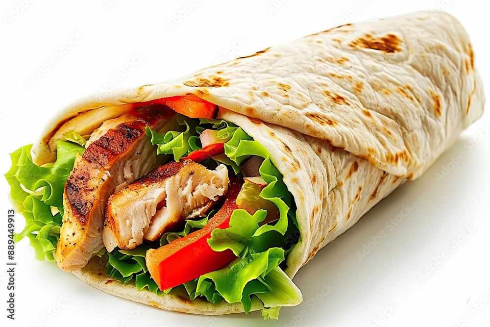 Chicken Kebab wrap with green salad and vegetables close up isolated on white background