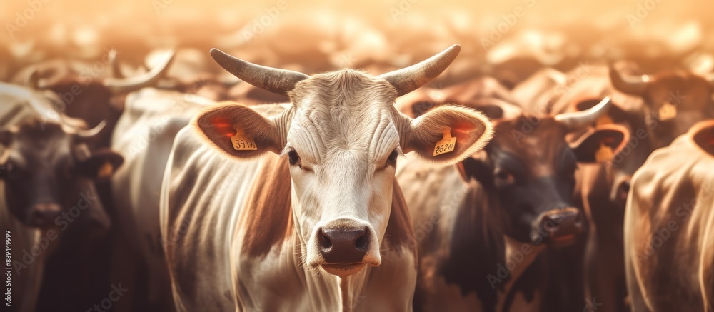 Close-Up of a Cow in a Herd with the Sun Shining on It Close-Up of a Cow in a Herd with the Sun Shining on It