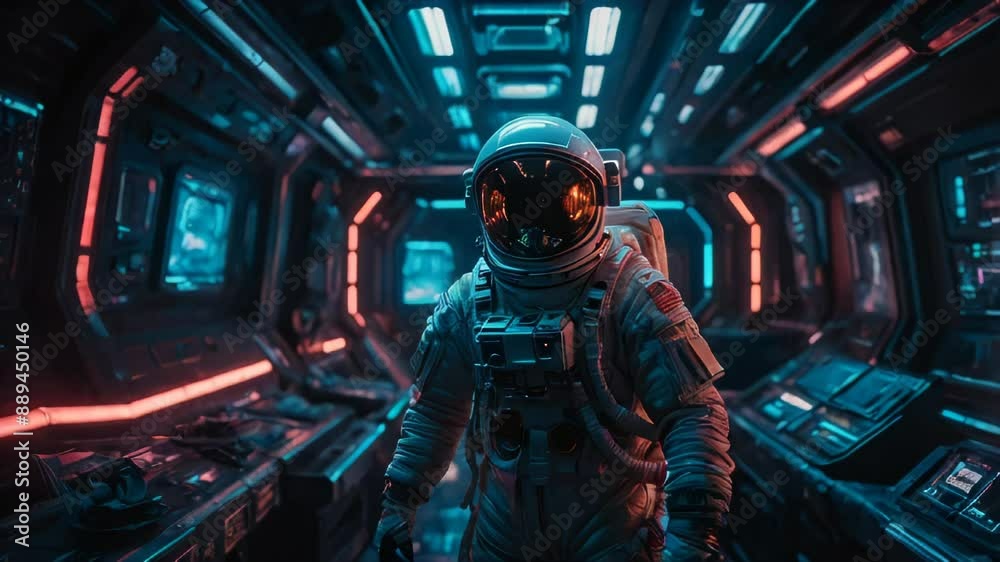 Astronaut in futuristic spaceship interior with neon lights Astronaut in futuristic spaceship interior with neon lights