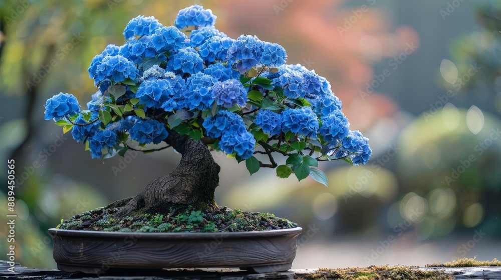 Vibrant hydrangea bonsai tree with blue flowers in a vibrant garden Vibrant hydrangea bonsai tree with blue flowers in a vibrant garden