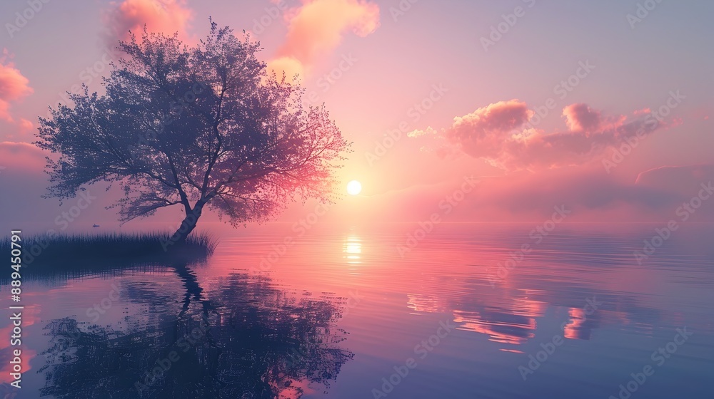 Fototapeta premium Serene sunrise scene with a lone tree reflecting in the water.