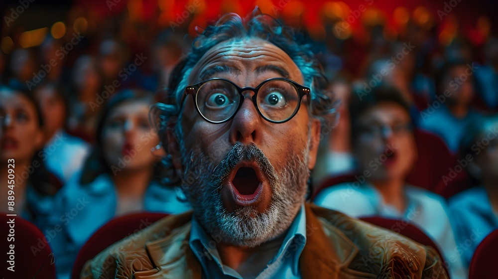Man in a theater, with his mouth wide open in surprise. Man in a theater, with his mouth wide open in surprise.