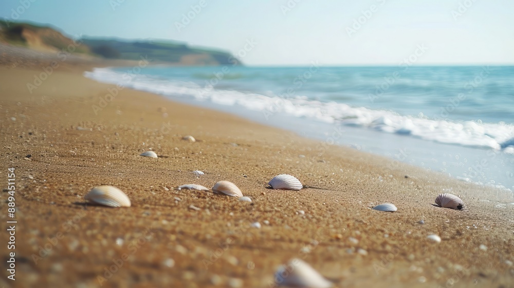 An empty sand beach stretches along the coastline, with shells dotting the smooth sand. The summer sea gently laps against the shore, providing ample copy space. An empty sand beach stretches along the coastline, with shells dotting the smooth sand. The summer sea gently laps against the shore, providing ample copy space.