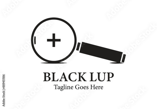 Logo in the form of magnifying glass with plus sign on the circle of the lens