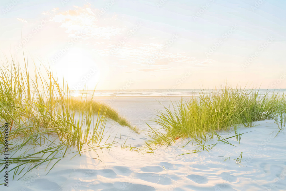 Scenic Beach Dunes with Grass at Sunset - Serene Coastal Landscape Featuring Golden Hour Light, Tranquil Seaside Vista, and Natural Beach Grass in Evening Sunlight Scenic Beach Dunes with Grass at Sunset - Serene Coastal Landscape Featuring Golden Hour Light, Tranquil Seaside Vista, and Natural Beach Grass in Evening Sunlight