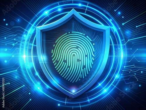 Futuristic fingerprint scanner authenticates secure login to enterprise resource planning system, protected by advanced cybersecurity measures and multifaceted digital shield defenses.