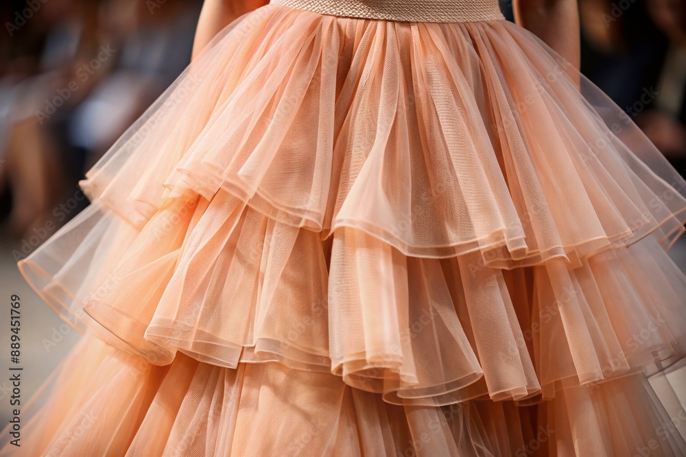 Obraz premium Soft focus close-up of a luxurious peach fuzz hued gathered tulle skirt detail, showcasing delicate layers and subtle texture, epitomizing 2024's minimalist fashion trend.