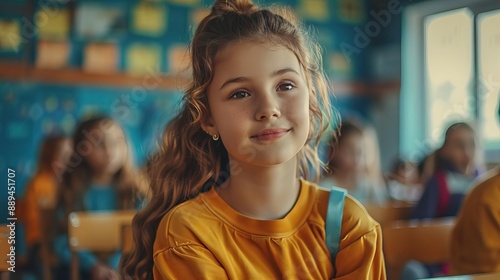 Schoolchild receiving instruction and socializing, education concept, editorial advertising photography, lively and interactive classroom setting, empty copy space for text on side