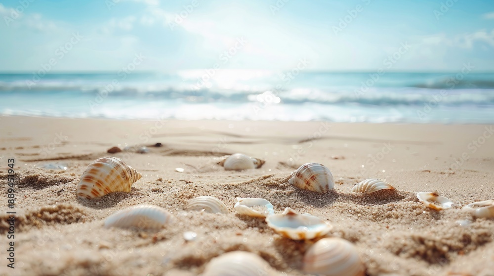 A serene empty sand beach with scattered shells, providing a perfect backdrop for a summer sea scene. The expansive copy space can be seen in the foreground. A serene empty sand beach with scattered shells, providing a perfect backdrop for a summer sea scene. The expansive copy space can be seen in the foreground.