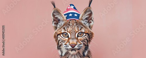 Portrait of a playful baby lynx in a stars and stripes hat on a pastel pink background. The lynx's tufty ears and the colorful hat make for a charming and festive scene. photo