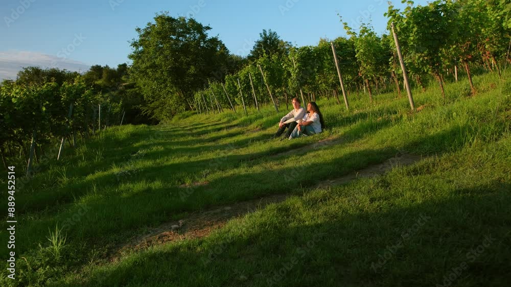Two friends or a couple sitting and talking on a meadow in a vineyard and enjoying the sunset. Lifestyle slow motion footage
Two friends or a couple sitting and talking on a meadow in a vineyard and enjoying the sunset. Lifestyle slow motion footage
