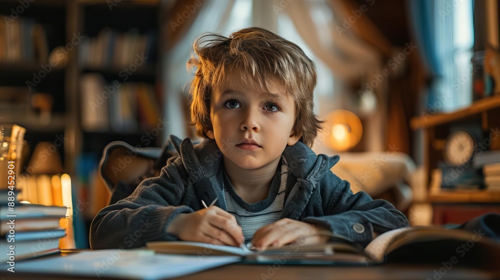 Kid studying at a desk, education concept, editorial advertising photography, focused and productive atmosphere, empty copy space for text on side Kid studying at a desk, education concept, editorial advertising photography, focused and productive atmosphere, empty copy space for text on side