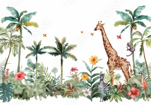 Wallpaper Mural Illustration with African animals and natural elements. Giraffe, monkeys, zebras, palm trees, flowers. Jungle, tropical illustration for nursery wallpaper. Torontodigital.ca