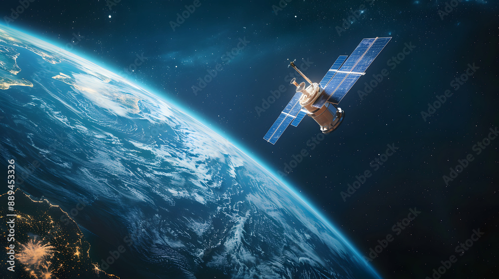 Satellite orbiting Earth with a backdrop of stars, emphasizing space technology and global communication. Satellite orbiting Earth with a backdrop of stars, emphasizing space technology and global communication.