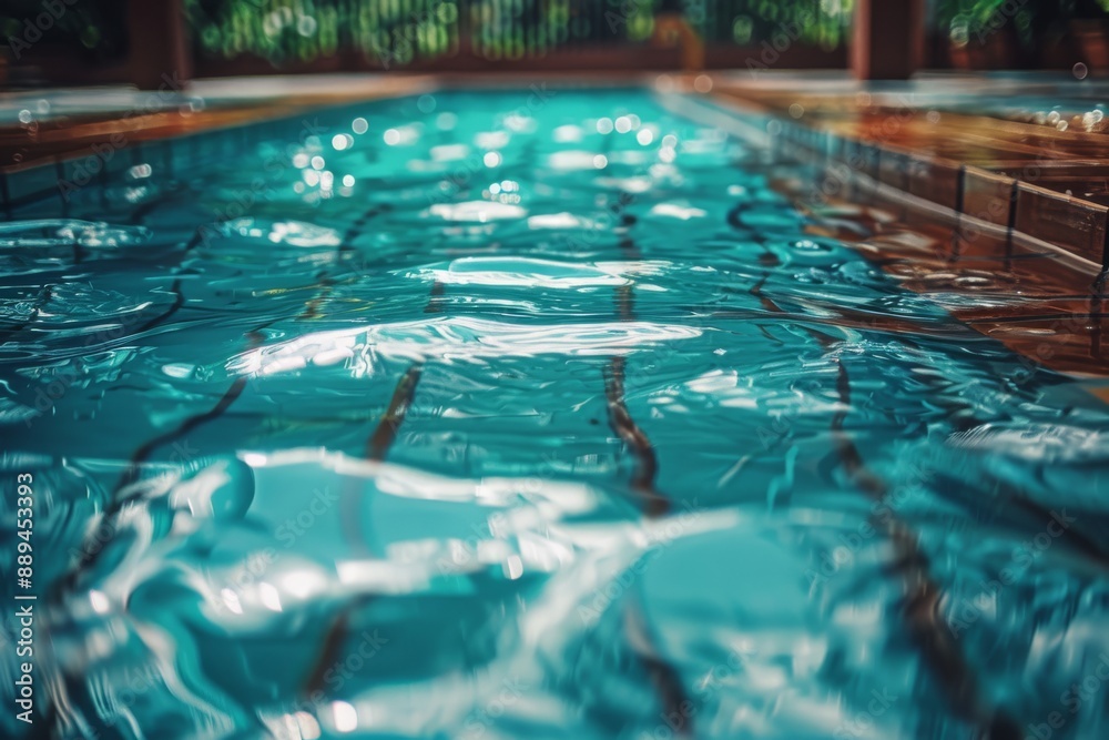 Refreshing pool with vibrant water tropical plants serene setting inviting atmosphere peaceful and artistic summer vacation mood