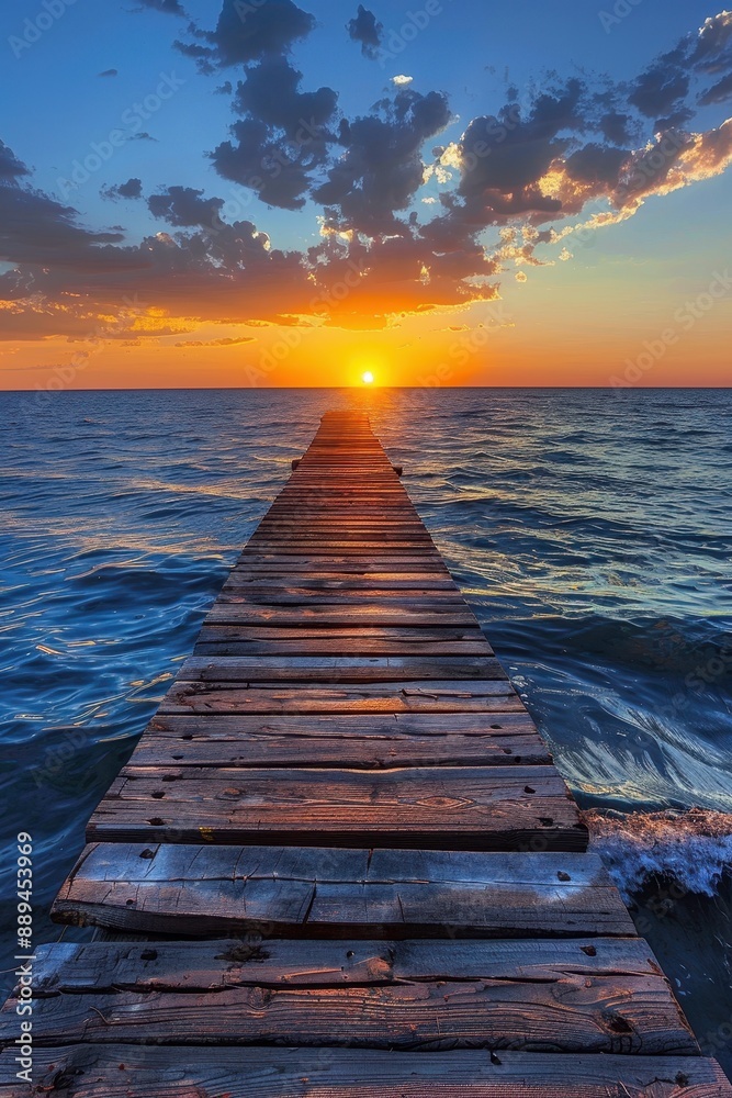 Obraz premium A wooden pier with a wooden walkway leading to the ocean. The sun is setting, casting a warm glow over the scene. The water is calm, and the sky is filled with clouds