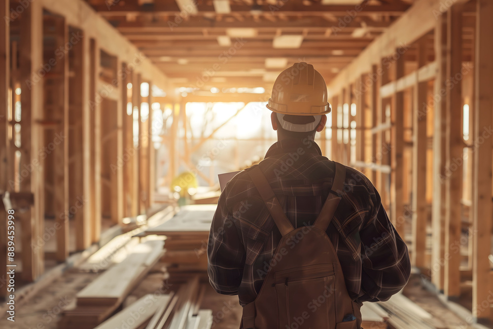 Engineer inspecting house structure, copy space